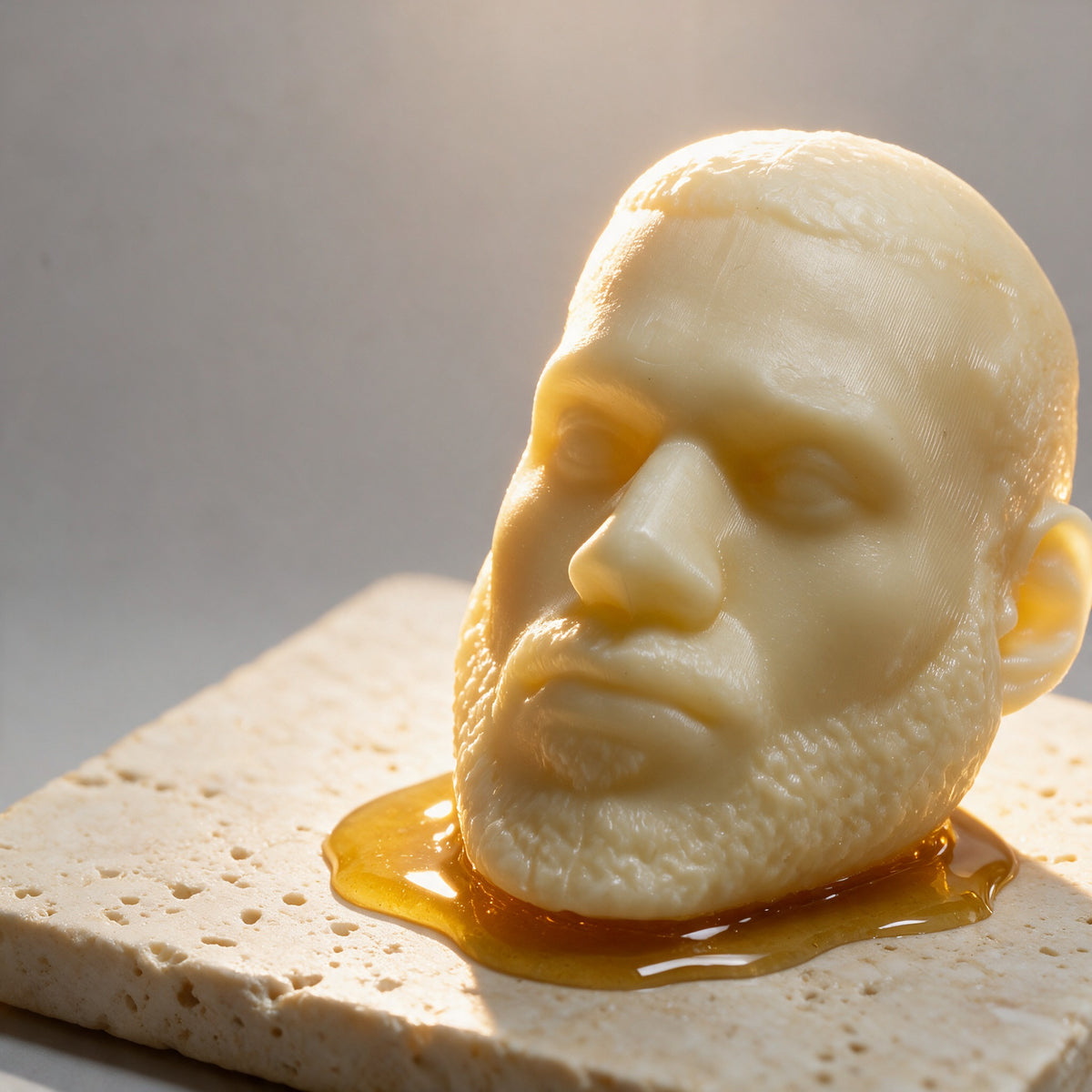 LeSoap Honey sculpted head soap on a travertine slab with honey drizzle
