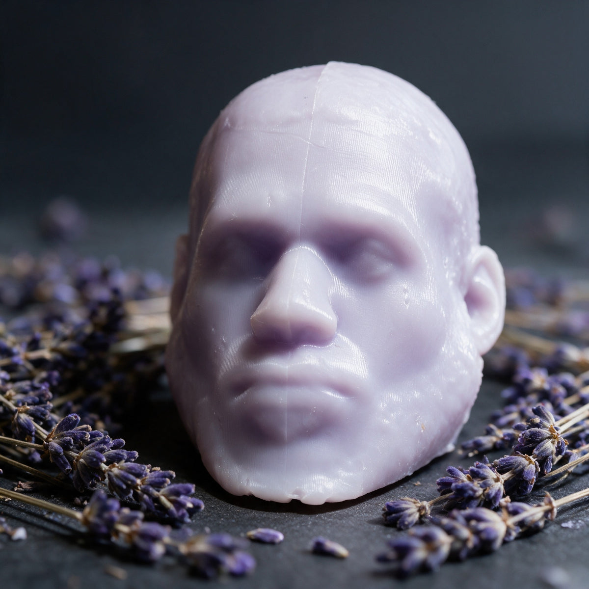 LeSoap Lavender sculpted head soap with dried lavender sprigs on a charcoal surface