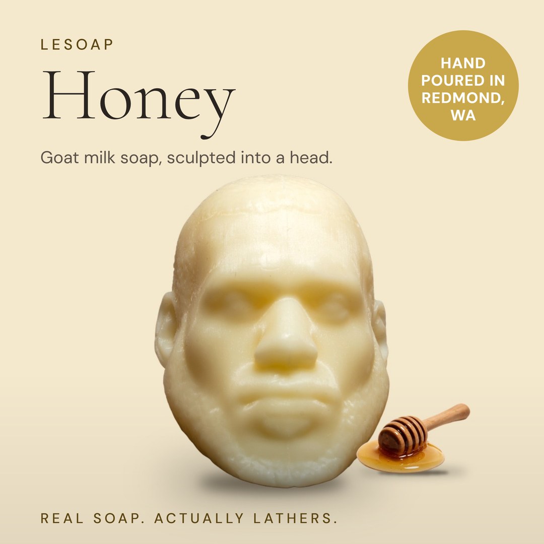 LeSoap Honey: goat milk soap sculpted into a head, hand-poured in Redmond, Washington