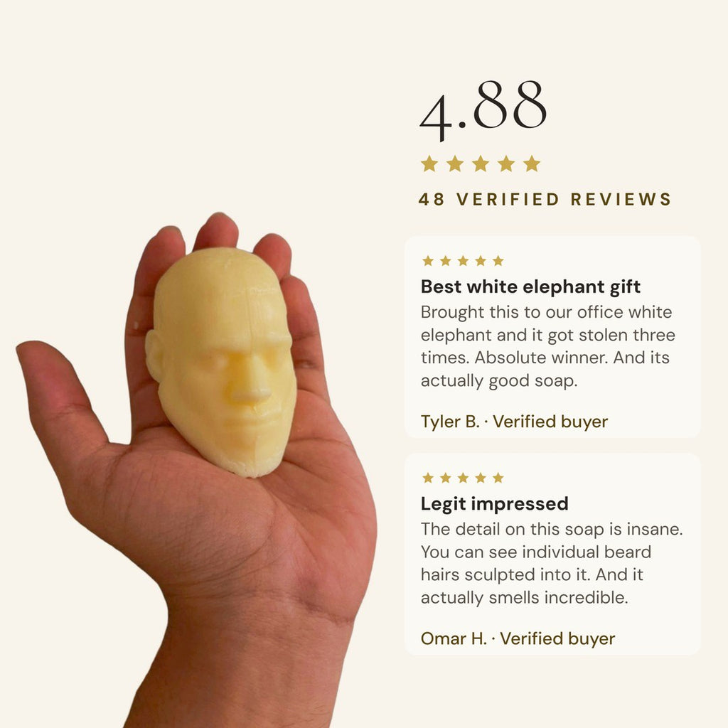 A LeSoap bar in a hand beside two verified customer reviews