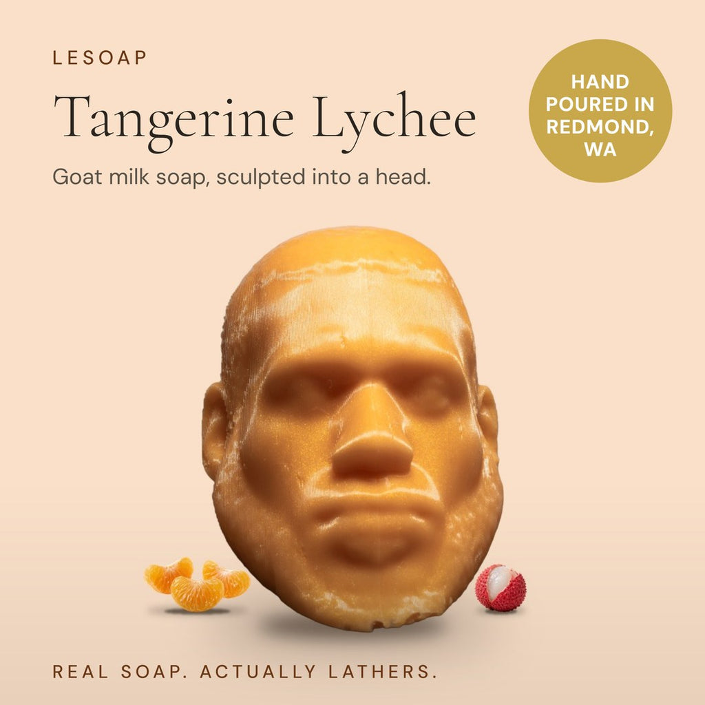 LeSoap Tangerine Lychee sculpted head soap with tangerine segments