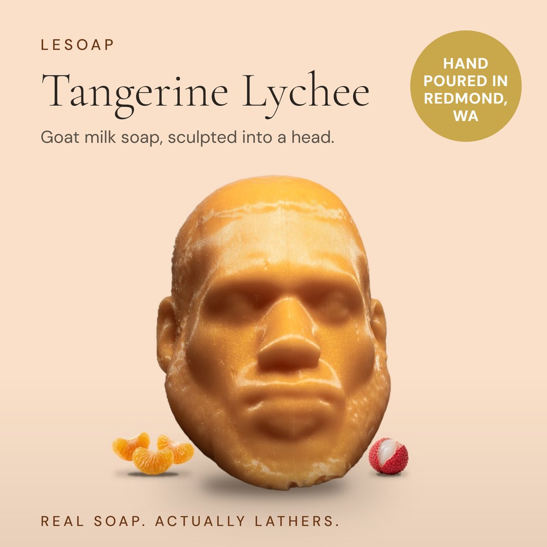 LeSoap Tangerine Lychee sculpted head soap with tangerine segments