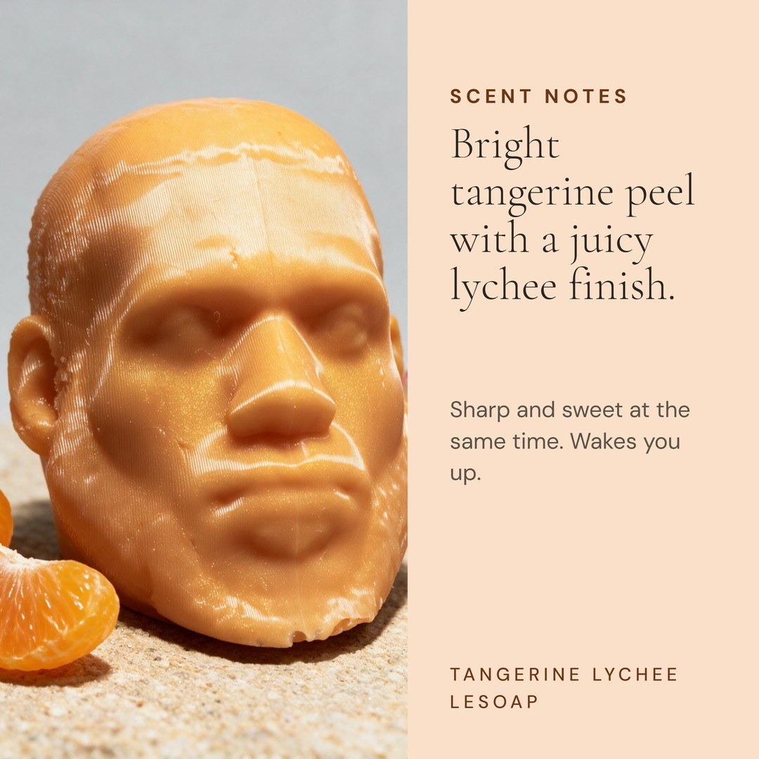 Scent notes for LeSoap Tangerine Lychee: bright tangerine peel with a juicy lychee finish