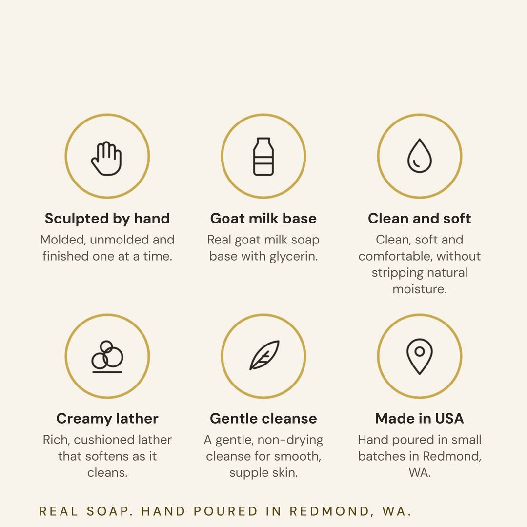 Why LeSoap: sculpted by hand, goat milk base, clean and soft, creamy lather, gentle cleanse, hand-poured in Redmond, Washington